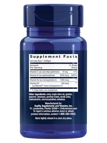 Life Extension Super K, Vitamin K Supplement, 2000 Mcg Vitamin K and 1180 Mcg Vitamin K2, Heart Health, Once-Daily, 90 Softgels Life Extension