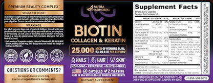 NUTRAHARMONY Biotin | Collagen | Hyaluronic Acid | Keratin - Support Normal Hair Growth Cycle - Skin & Nails - 25000mcg Vitamins B1, B2, B3, B6 & B7 NUTRAHARMONY