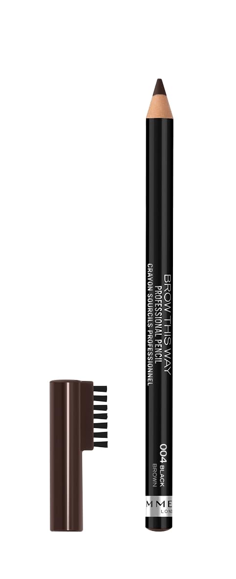 Rimmel London Brow This Way Professional Eyebrow Pencil, Long-Wearing, Highly-Pigmented, Built-In Brush, 004, Black Brown, 0.05oz Rimmel