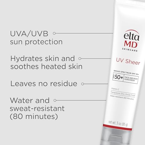 EltaMD UV Sheer Face and Body Sunscreen SPF 50+, Oil Free, No White Cast Sunscreen for Face and Body, Zinc Oxide Formula, 3.0 oz Tube EltaMD