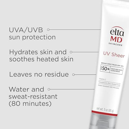 EltaMD UV Sheer Face and Body Sunscreen SPF 50+, Oil Free, No White Cast Sunscreen for Face and Body, Zinc Oxide Formula, 3.0 oz Tube EltaMD