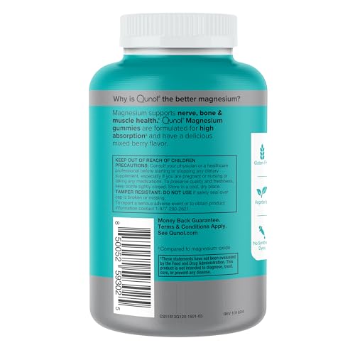 Qunol Magnesium Gummies for Adults, 200mg Elemental Magnesium (from 1,750mg Magnesium Citrate), High Absorption Magnesium Supplement, Supports Nerve, Qunol