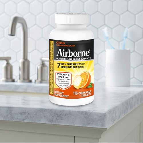 Airborne Vitamin C 1000mg (per Serving) - Citrus Chewable Tablets (116 Count in a Bottle), Gluten-Free Immune Support Supplement, with Vitamins A C E, Zinc, Selenium Airborne