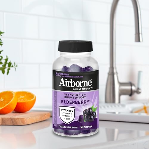 Airborne Elderberry + Zinc & Vitamin C Gummies For Adults, Immune Support Vitamin D & Zinc Gummies With Powerful Antioxidant Vitamins C D & E Airborne