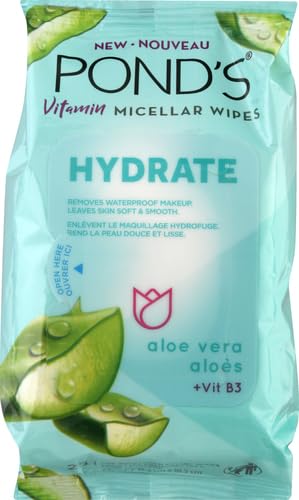 Pond's Vitamin Micellar Wipes For Dry Skin Hydrate Aloe Vera Removes Waterproof Makeup 25 Wipes (Pack of 2) POND'S