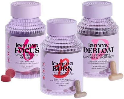 Lemme Burn, Debloat & Focus Bundle | Metabolism & Fat Burning + Bloating & Gas Relief Capsules + Focus & Brain Health Gummies | Gluten-Free, Non-GMO | 60 Count Capsules & 50 Count Gummies