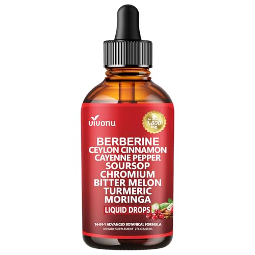 14-in-1 Berberine with Ceylon Cinnamon Supplement Liquid Drops, 1800mg + 30:1 Liposomal Tech with Cayenne Pepper, Soursop, Chromium, Bitter Melon, Turmeric, Moringa, Gymnema VivoNu