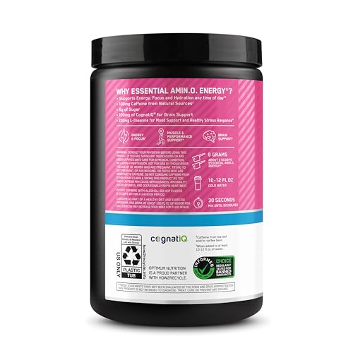Optimum Nutrition Amino Energy Powder Plus Focus, with BCAA, Electrolytes, and Caffeine, Watermelon, 30 Servings (Packaging May Vary) Optimum Nutrition