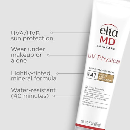 EltaMD UV Physical Tinted Mineral Sunscreen for Face SPF 41, 100% Mineral Actives Tinted Face Lotion, Water Resistant, Paraben-Free EltaMD
