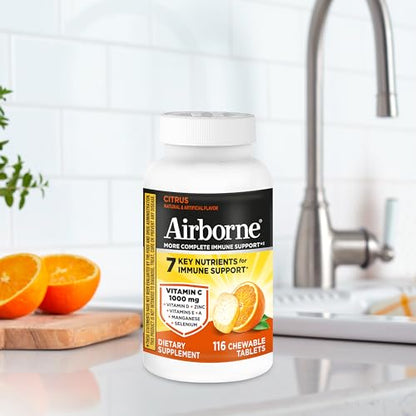 Airborne Vitamin C 1000mg (per Serving) - Citrus Chewable Tablets (116 Count in a Bottle), Gluten-Free Immune Support Supplement, with Vitamins A C E, Zinc, Selenium Airborne