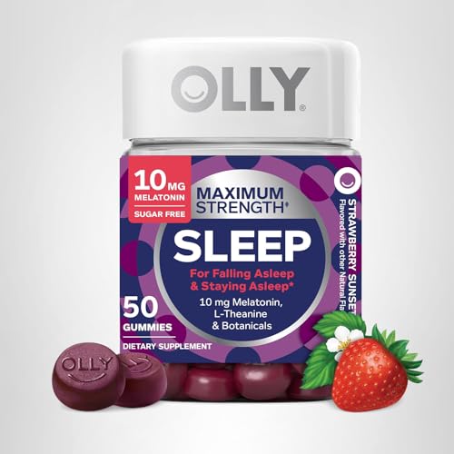 OLLY Max Strength Sleep Gummy, 10mg Melatonin, L-Theanine, Chamomile, Lemon Balm, Sugar Free, Vegetarian Sleep Aid, Strawberry - 70 Count OLLY