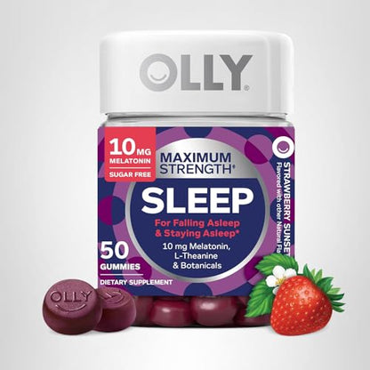 OLLY Max Strength Sleep Gummy, 10mg Melatonin, L-Theanine, Chamomile, Lemon Balm, Sugar Free, Vegetarian Sleep Aid, Strawberry - 70 Count OLLY