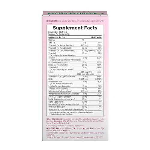 Nature's Bounty Advanced Hair, Skin & Nails, Argan-Infused Vitamin Supplement with Biotin and Hyaluronic Acid, 150 Rapid Release Softgels, 50 Total Servings Nature's Bounty