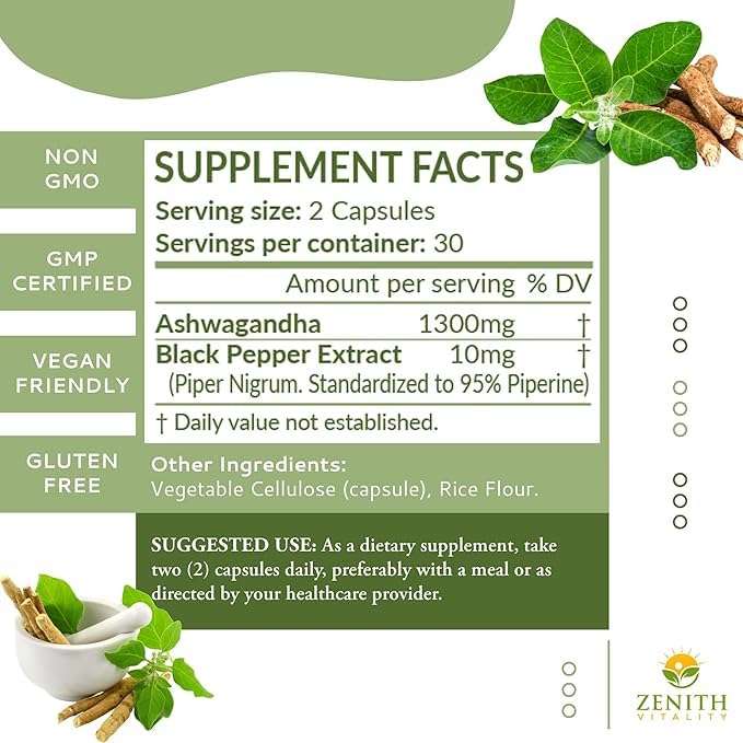 Zenith Vitality Ashwagandha 1300mg Capsules – Stress Relief & Cortisol Support, Immune & Energy Boost, Mental Clarity, Herbal Adaptogen Supplement – 60 Count Zenith Vitality buy australia supplements