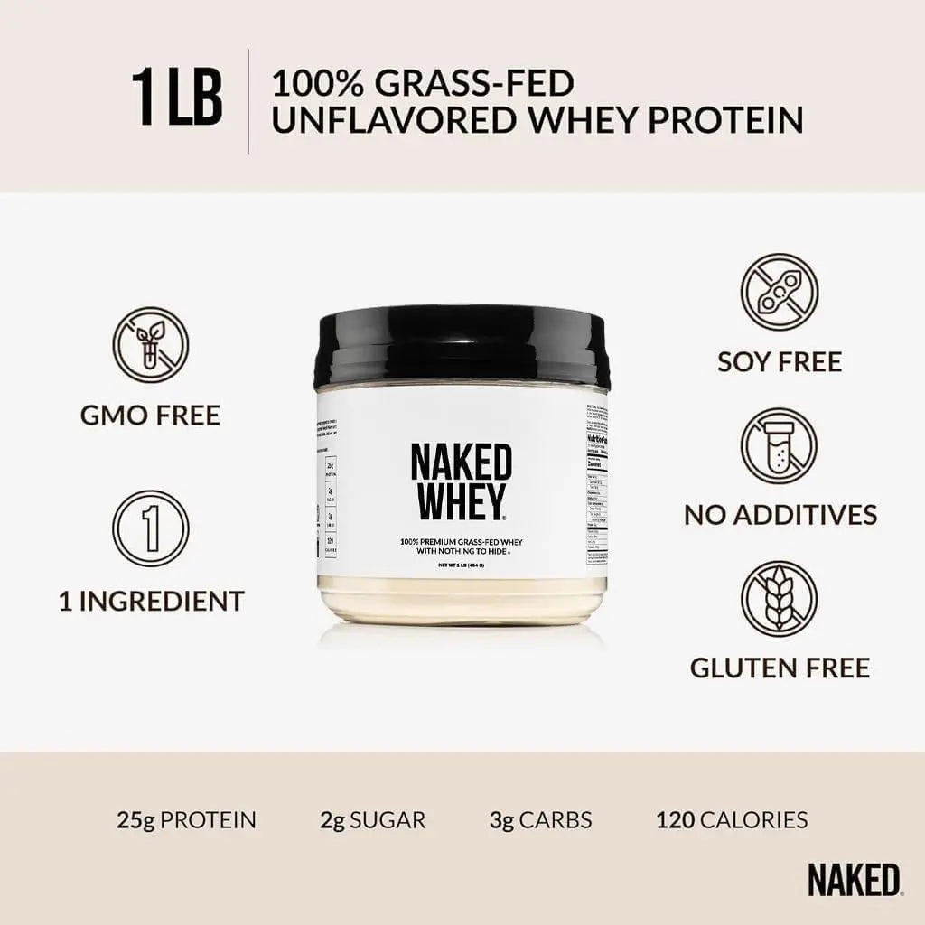 NAKED Whey 1Lb - Only 1 Ingredient, Grass Fed Whey Protein Powder, NSF Certified, Undenatured, No Gmos, No Soy, Gluten Free NAKED