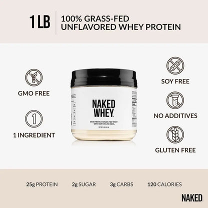 NAKED Whey 1Lb - Only 1 Ingredient, Grass Fed Whey Protein Powder, NSF Certified, Undenatured, No Gmos, No Soy, Gluten Free NAKED