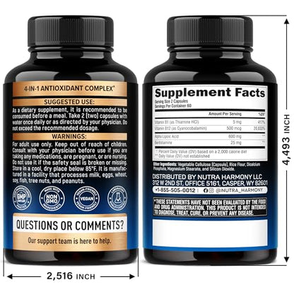 Alpha Lipoic Acid 600mg - ALA Supplement Antioxidant for Nerve, Energy & Metabolism Support - Extra Strength with Benfotiamine, B1 & B12 - Lab Tested, NON-GMO & Vegan NUTRAHARMONY