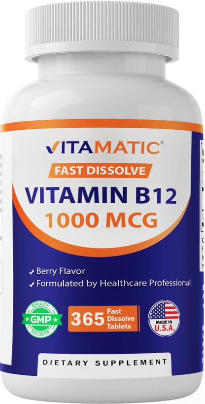 Vitamatic Vitamin B12 1000 mcg Fast Dissolve – 365 Tablets – Natural Berry Flavor – Supports Energy Metabolism Vitamatic