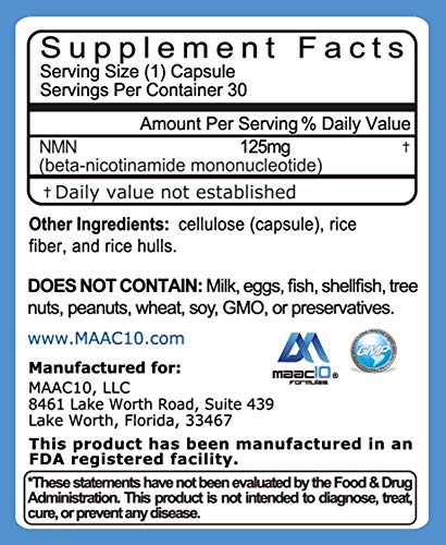 MAAC10 NMN Supplement Real Nicotinamide Mononucleotide (NMN 125mg Capsules). The Most Powerful NAD+ Precursor More Stable Than Riboside. We use 99% Pure Pharmaceutical Grade Stabilized NMN (30 Count) MAAC10 buy australia supplements