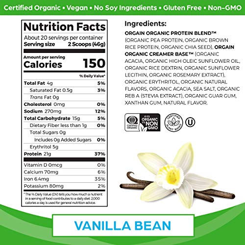 Orgain Organic Vegan Protein Powder, Vanilla Bean - 21g Plant Based Protein, Gluten Free Orgain buy australia supplements