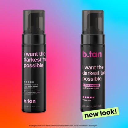 b.tan Ultra Dark Self Tanner Mousse | I Want The Darkest Tan Possible - Fast, 1 Hour Express Sunless Tanning Foam, Golden Bronzing Glow, Face & Body, No Fake Tan Smell, Vegan, Cruelty Free, 6.7 Fl Oz B.TAN