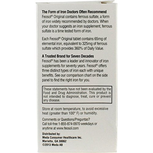 Feosol Original Iron Supplement Tablets, Non-heme, 65mg Iron per Pill, 1 Per Day, 120ct, 4 Month Supply, for Energy and Immune System Support, Made in USA Feosol