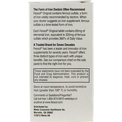 Feosol Original Iron Supplement Tablets, Non-heme, 65mg Iron per Pill, 1 Per Day, 120ct, 4 Month Supply, for Energy and Immune System Support, Made in USA Feosol