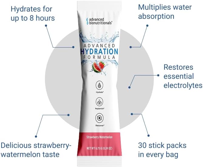 Advanced Bionutritionals Advanced Hydration Formula Electrolyte Drink Mix Powder with ElectroPrime®, L-Taurine, TyroPure™, B-Vitamins, Vitamin C – Strawberry Watermelon – 30 Stick Packs