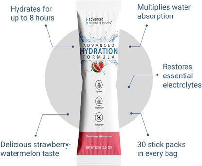 Advanced Bionutritionals Advanced Hydration Formula Electrolyte Drink Mix Powder with ElectroPrime®, L-Taurine, TyroPure™, B-Vitamins, Vitamin C – Strawberry Watermelon – 30 Stick Packs