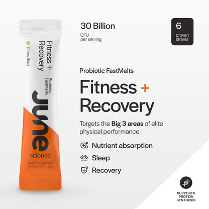 June Science Fitness + Recovery | Fast Melt Pre + Probiotic for Muscle Recovery + Training - Citrus Blast Flavor, 30 Powder Sachets June Science