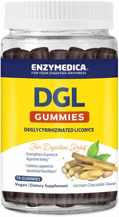 Enzymedica DGL Supplement for Men & Women - DGL Deglycyrrhizinated Licorice Gummies for Digestive Support & Gut Health, Soothes Stomach & Occasional Heartburn, Gluten Free, Vegan, Chocolate - 74 Count Gsupps Australia