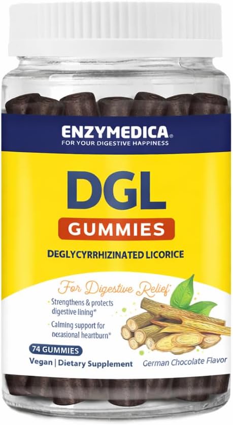 Enzymedica DGL Supplement for Men & Women - DGL Deglycyrrhizinated Licorice Gummies for Digestive Support & Gut Health, Soothes Stomach & Occasional Heartburn, Gluten Free, Vegan, Chocolate - 74 Count Gsupps Australia