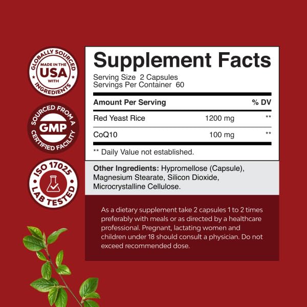 Natures Craft Red Yeast Rice with CoQ10 Supplement - Advanced Healthy Heart & Healthy Cholesterol Levels Formula for Men & Women - Red Yeast Rice Capsules with 1200 mg Natures Craft