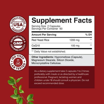 Natures Craft Red Yeast Rice with CoQ10 Supplement - Advanced Healthy Heart & Healthy Cholesterol Levels Formula for Men & Women - Red Yeast Rice Capsules with 1200 mg Natures Craft