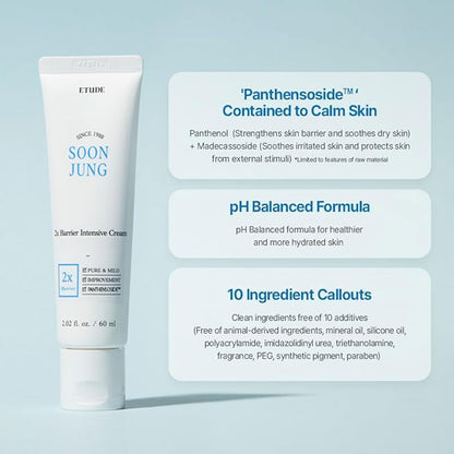 ETUDE SoonJung 2x Intensive Cream for Barrier Repair, Rich Moist, Madecassoside & Panthenol for Soothing, Face Moisturizer for Sensitive Skin ETUDE