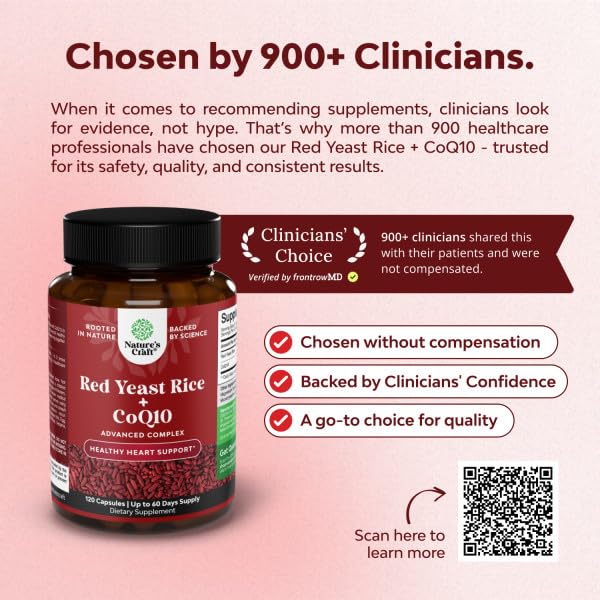Natures Craft Red Yeast Rice with CoQ10 Supplement - Advanced Healthy Heart & Healthy Cholesterol Levels Formula for Men & Women - Red Yeast Rice Capsules with 1200 mg Natures Craft