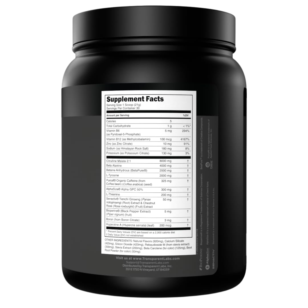 Transparent Labs Bulk Black Pre Workout - Clinically Dosed, Sugar Free Preworkout for Men and Women with Beta Alanine Powder, Citrulline Malate, & Caffeine - 30 Servings, Black Cherry