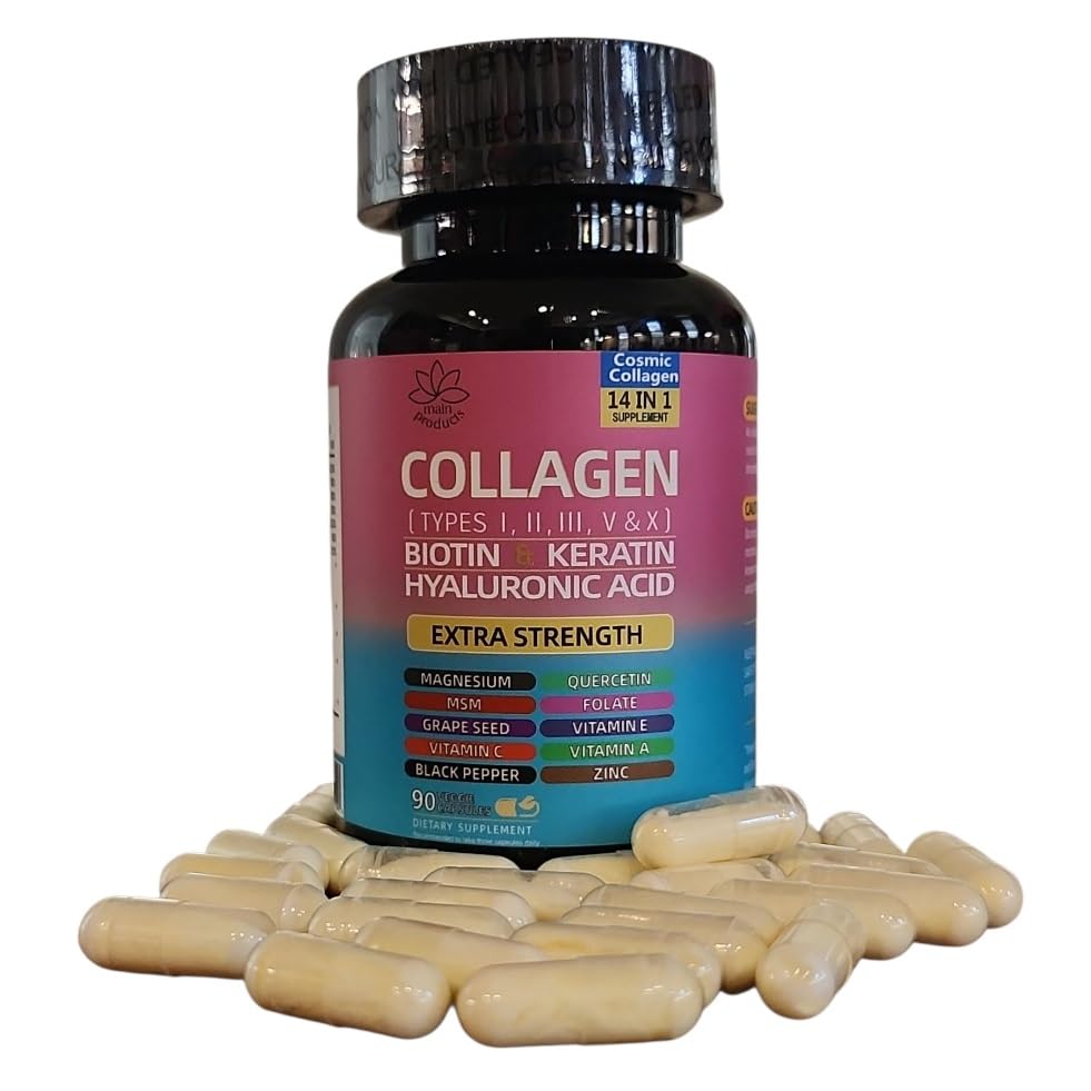 Collagen Peptides Types I, II, III, V & X, 64000 MCG, 14 in 1, Biotin, Keratin, Hyaluronic Acid, Magnesium, MSM, Grape Seed, Vitamin A C & E, Black Pepper, Quercetin, Folate, Zinc (90 Veggie Caps) Main Products buy australia supplements