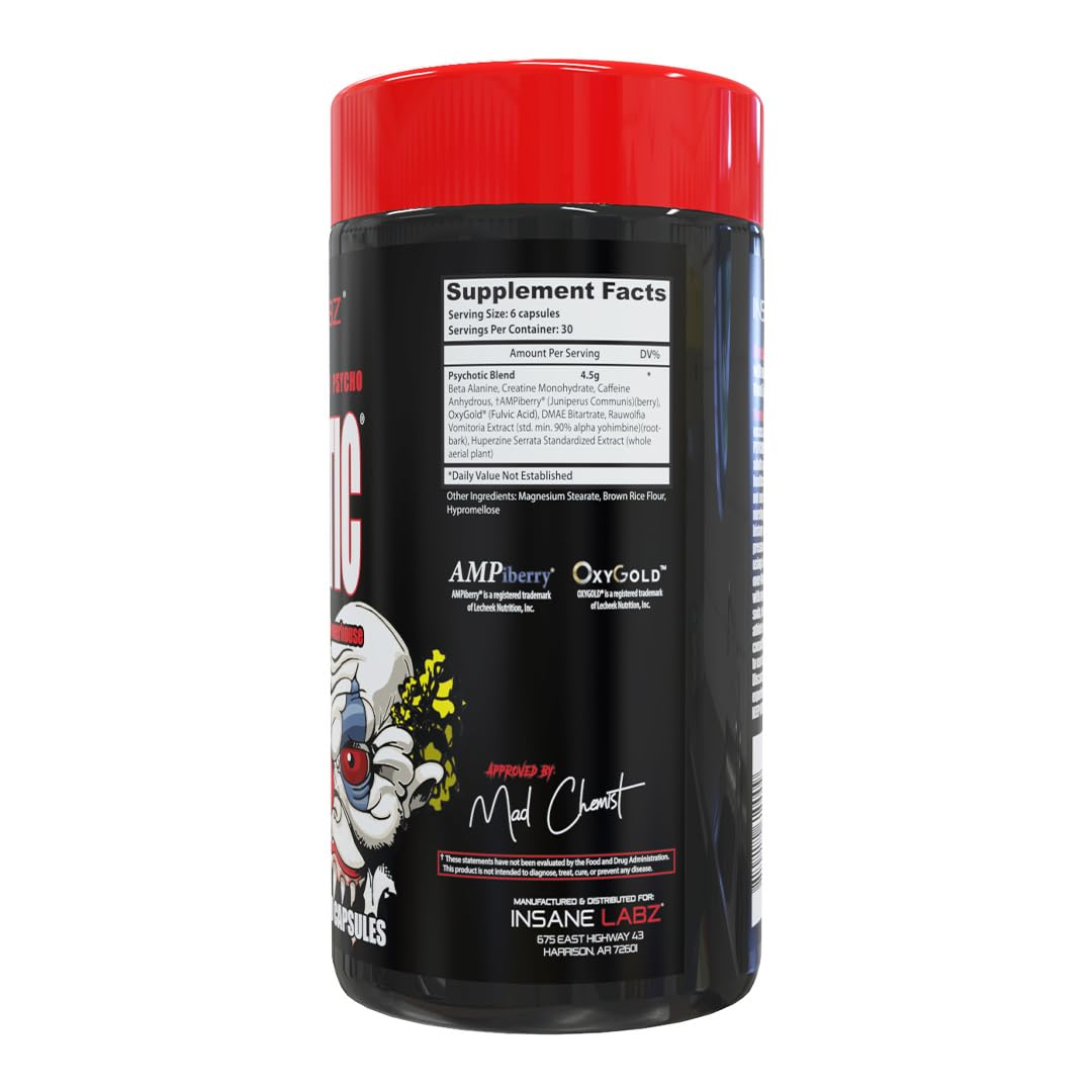 Insane Labz Psychotic, High Stimulant Pre Workout Powder, Extreme Lasting Energy, Focus and Endurance with Beta Alanine, Creatine Monohydrate DMAE, 35 Srvgs (Fruit Punch)