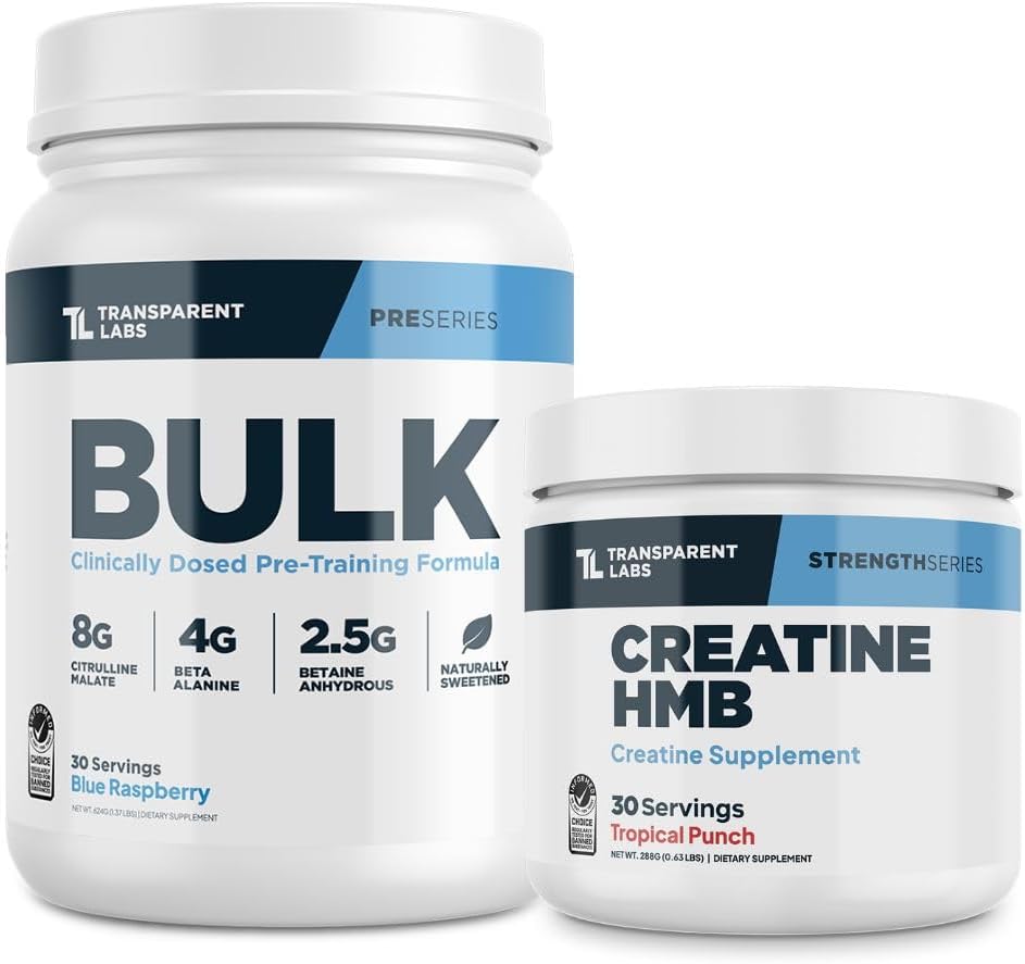 Transparent Labs Bulk Pre-Workout Powder (30 Servings, Blue Raspberry) & Creatine HMB (30 Servings, Tropical Punch)