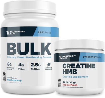 Transparent Labs Bulk Pre-Workout Powder (30 Servings, Blue Raspberry) & Creatine HMB (30 Servings, Tropical Punch)