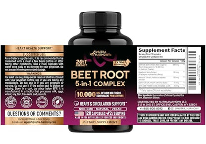 Beet Root 5-in-1 Complex Capsules - Healthy Blood Pressure Support Supplement for Heart & Circulation Support - Olive Leaf, Hawthorn Berry & Hibiscus NUTRAHARMONY