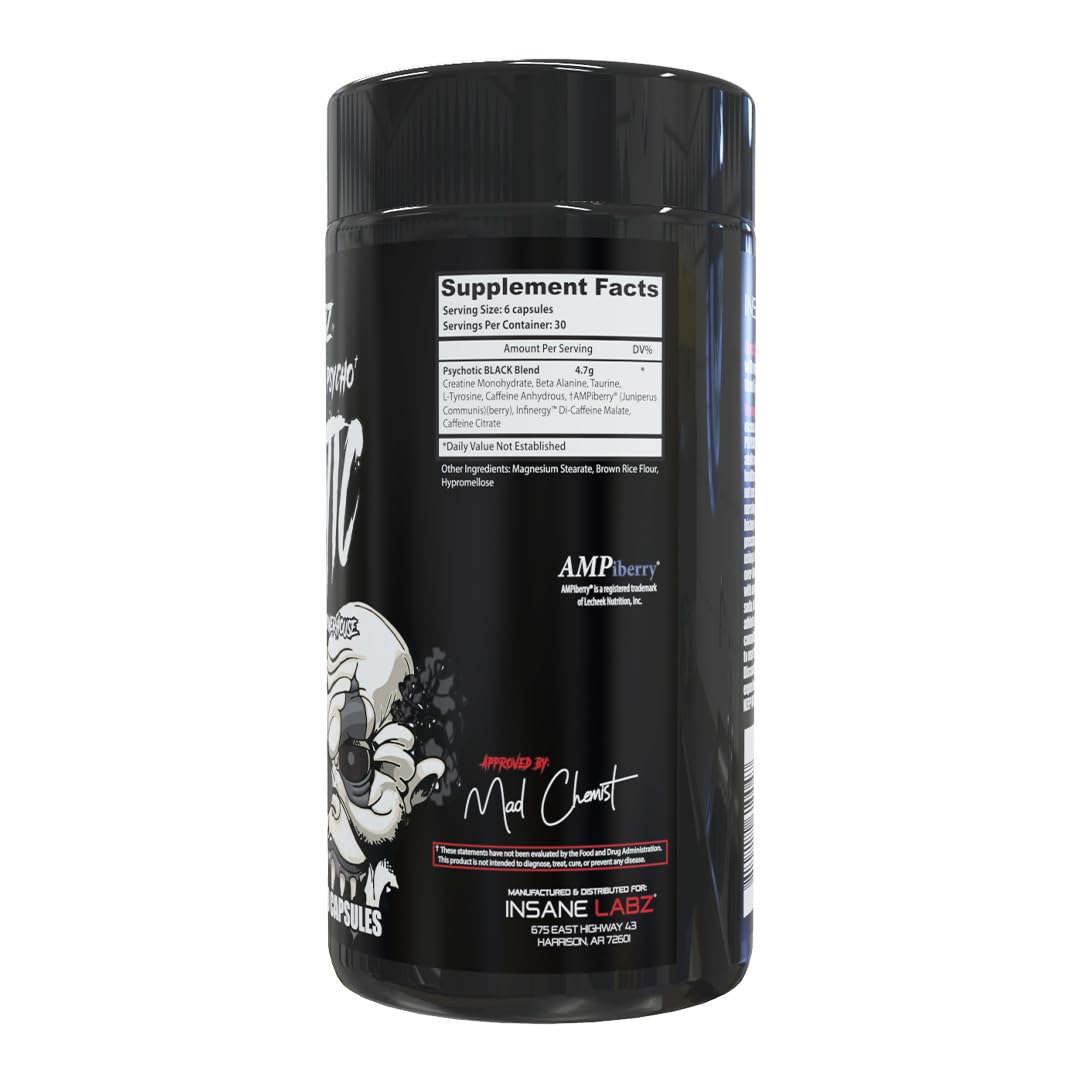 Insane Labz Psychotic Black Edition Mid Stimulant Pre Workout Powder, Energy Focus Pumps, Loaded with Creatine Beta Alanine Taurine Fueled by AMPiberry, 35 Servings (Blue Raspberry)