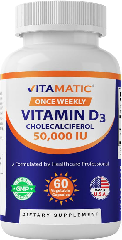 Vitamatic Vitamin D3 50,000 IU (as Cholecalciferol), Once Weekly Dose, 1250 mcg, 60 Veggie Capsules 1 Year Supply, Progressive Formula Helping Vitamatic