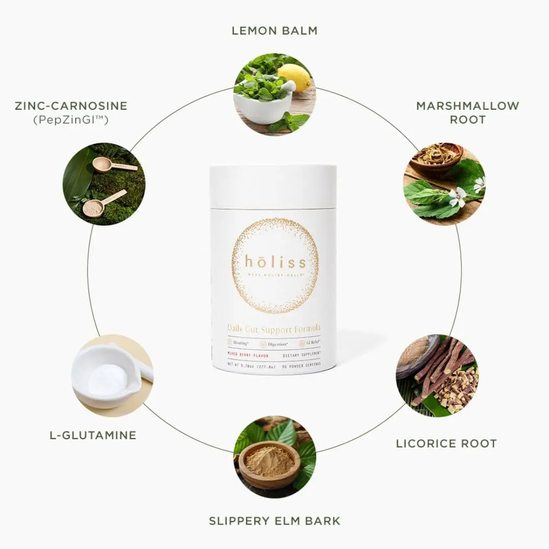 HOLISS Daily Gut Health Kit – 6-in-1 All Natural Supplement, Bloat & Gas Aid, GI Lining Repair, IBS Support – Lemon Balm, L-Glutamine, PepZinGI, Mixed Berry, 30 Servings, Electric Mixer & Spoon HOLISS buy australia supplements