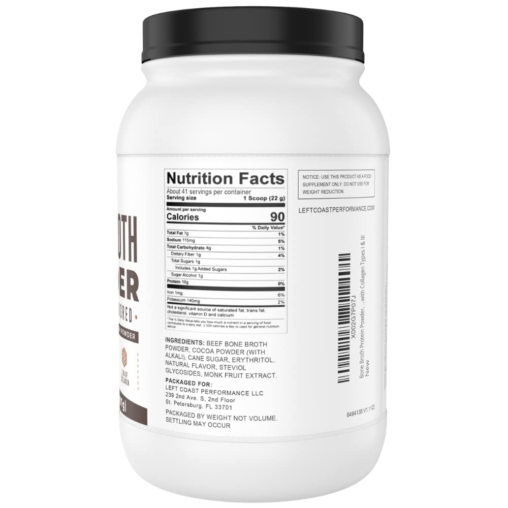 Chocolate Bone Broth Protein Powder - 100% Grass Fed Beef Bone Broth with 16g Protein & 13g Collagen per Serving - Great for Shakes & Hot Chocolate - Keto Friendly Low Carb Left Coast Performance buy australia supplements