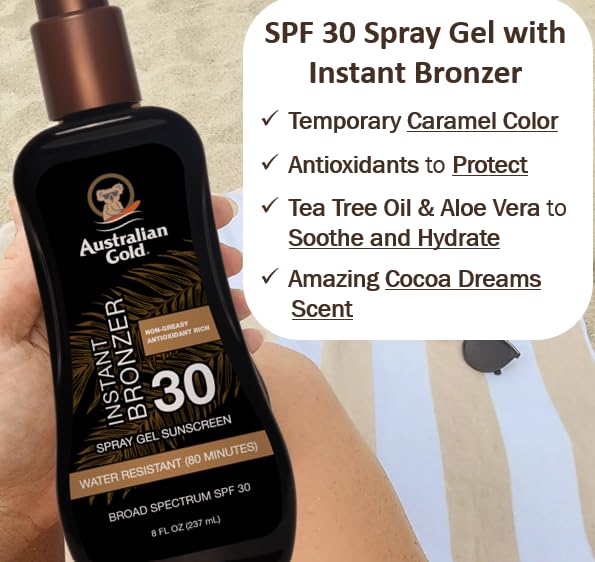 Australian Gold Spray Gel Sunscreen SPF 30 Broad Spectrum | Instant Bronzer Australian Gold