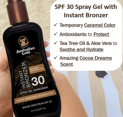 Australian Gold Spray Gel Sunscreen SPF 30 Broad Spectrum | Instant Bronzer Australian Gold