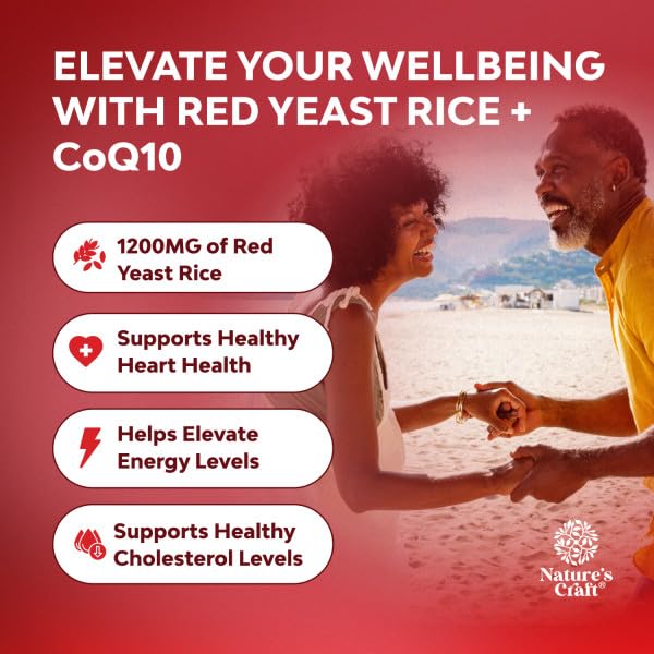 Natures Craft Red Yeast Rice with CoQ10 Supplement - Advanced Healthy Heart & Healthy Cholesterol Levels Formula for Men & Women - Red Yeast Rice Capsules with 1200 mg Natures Craft
