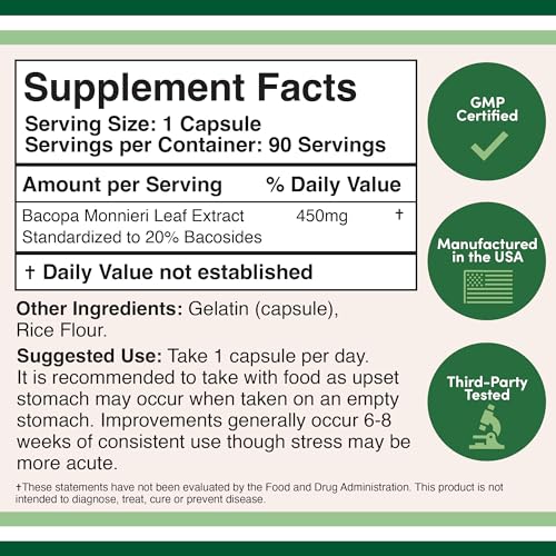 Bacopa Monnieri Capsules 20% Bacosides 450mg, 90 Count (Manufactured in USA Double Wood Supplements buy australia supplements